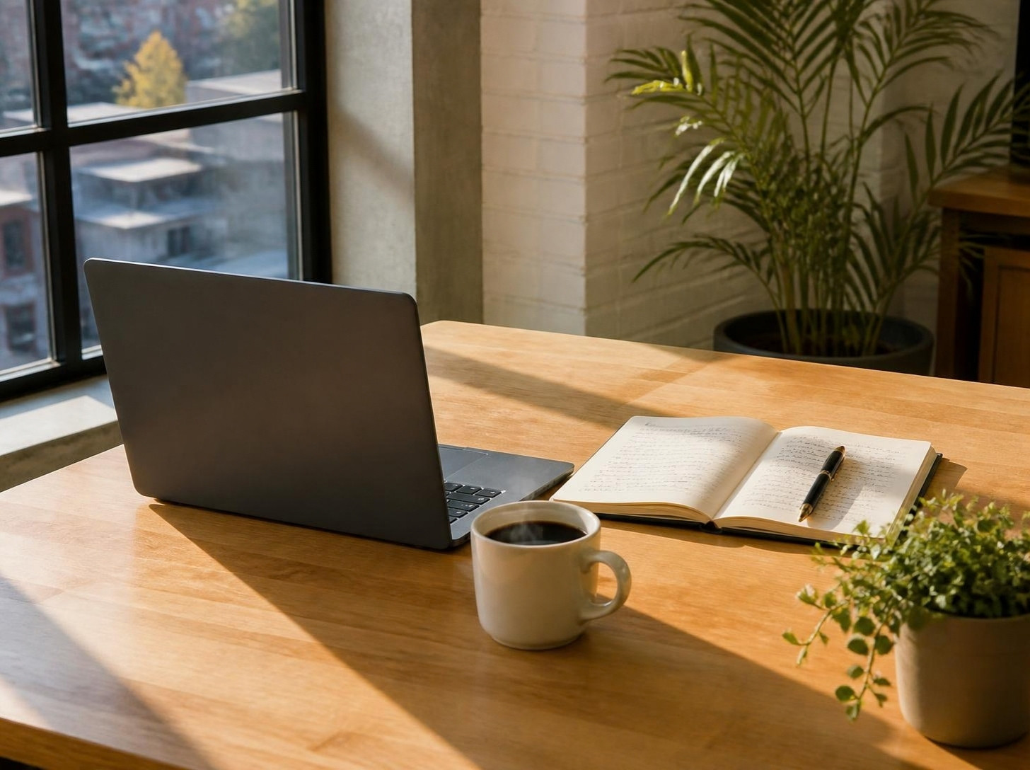 Oak desk in the morning sun: laptop, open notebook, coffee.