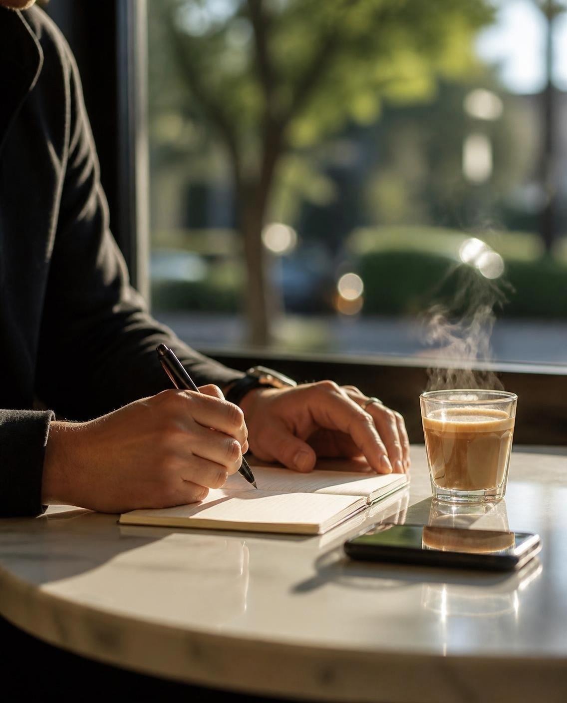 Hands writing in a notebook on a café table, in the morning.