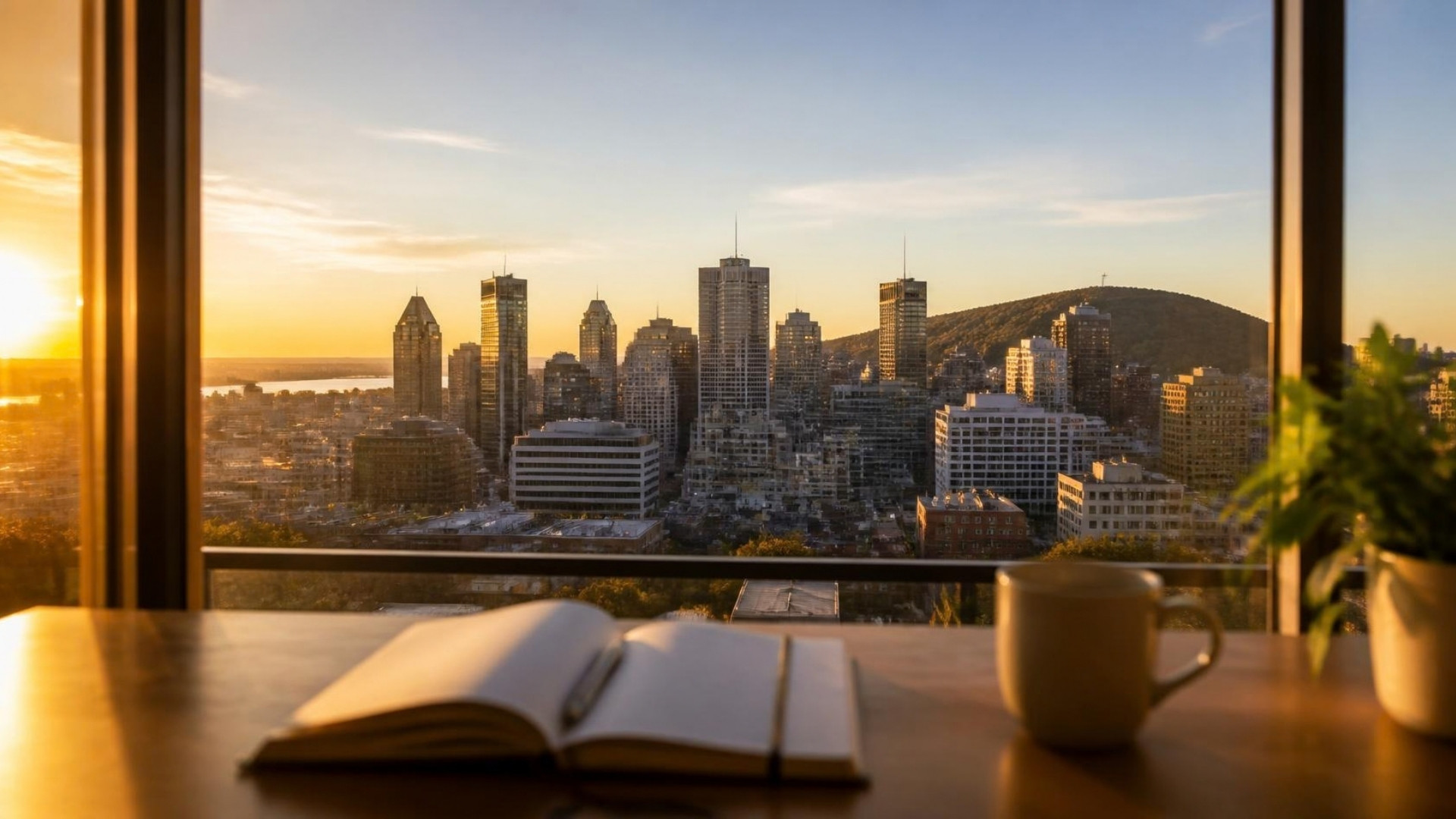 Sunrise over downtown Montreal, seen from a window.