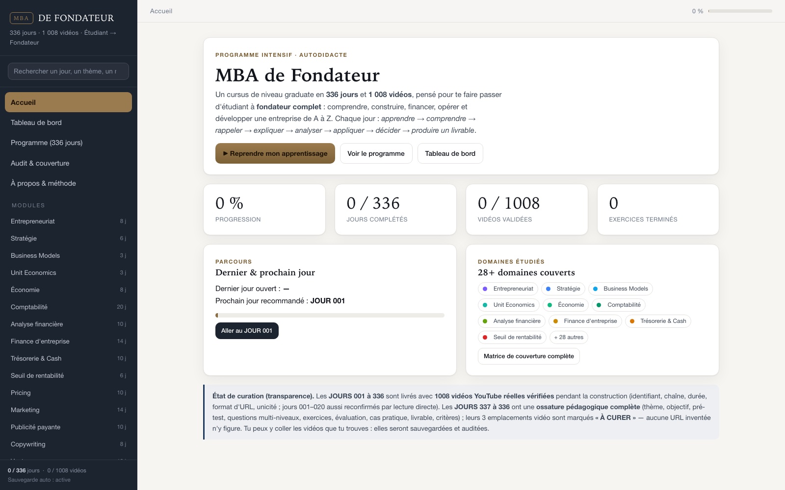 Home screen of the Founder 336 platform: program overview, progress across 336 days and the fields studied.